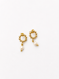 Pair of beaded gold circle stud earrings with white freshwater pearl drops
