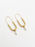 Pair of gold paperclip drop earrings with 5 mm oval white freshwater pearl pendants
