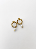 Pair of textured gold circle drop earrings with 6 mm oval white freshwater pearls