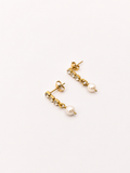 Pair of gold mini drop earrings with 6 mm oval white freshwater pearls and cubic zirconia accents
