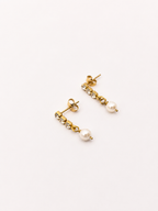 Pair of gold mini drop earrings with 6 mm oval white freshwater pearls and cubic zirconia accents